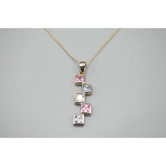 Square Rhinestone Drop Pendant Necklace Sterling Silver 925 MHJ 3.8g 9.25" Pink - Picture 1 of 8